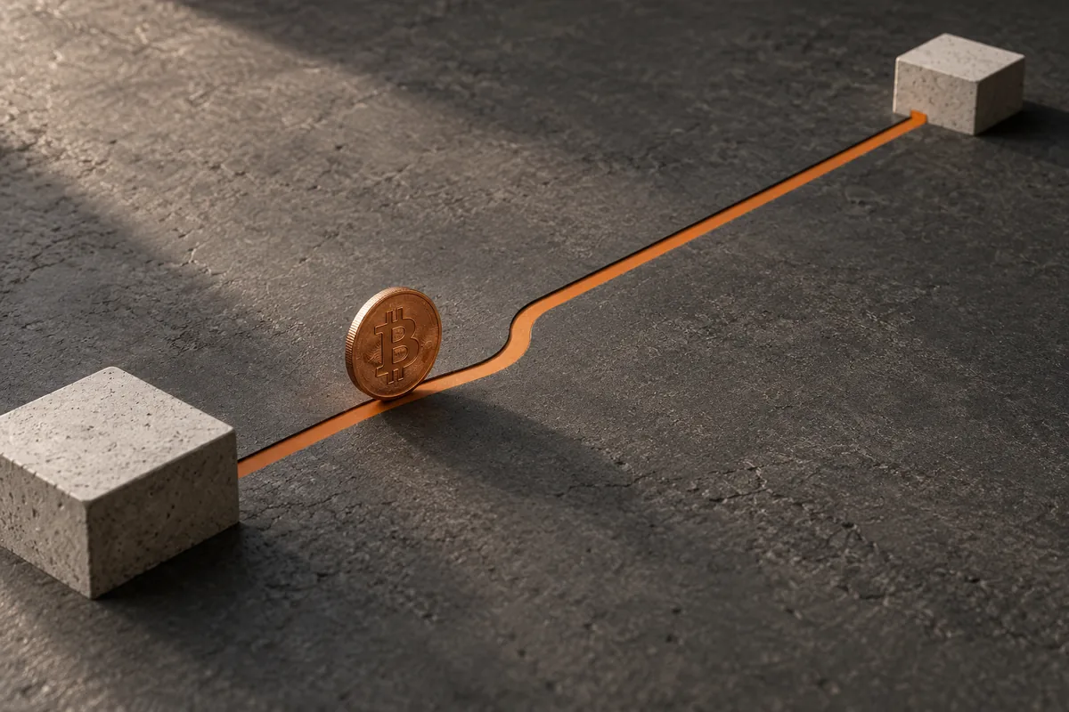 Copper Bitcoin token on an orange path between two concrete blocks, illustrating a first transfer.