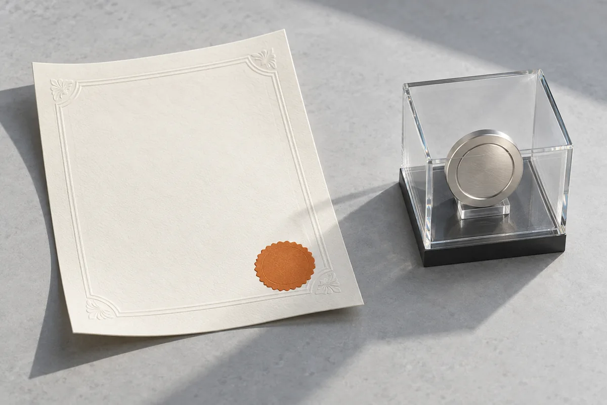 Conceptual financial certificate beside a metal token held inside a transparent custody box.