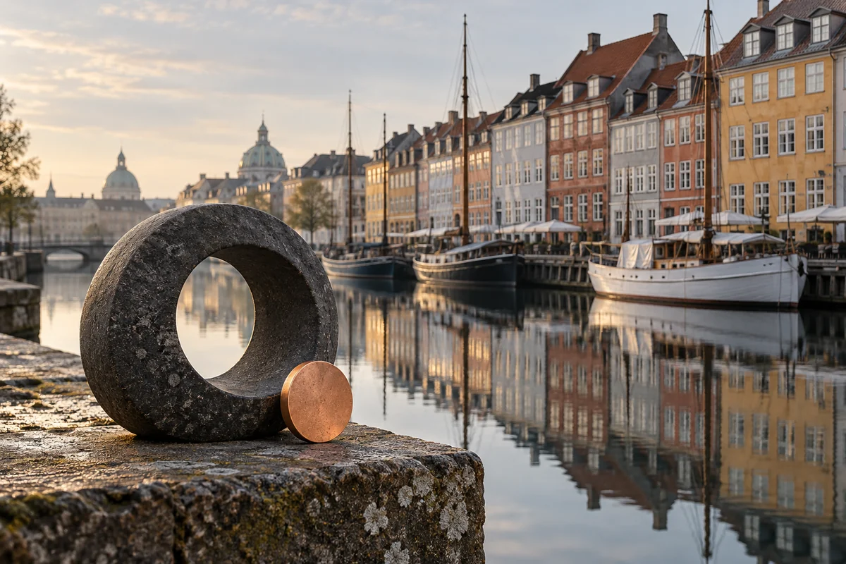 Editorial illustration of a stone ring and a copper disc beside a Copenhagen canal.