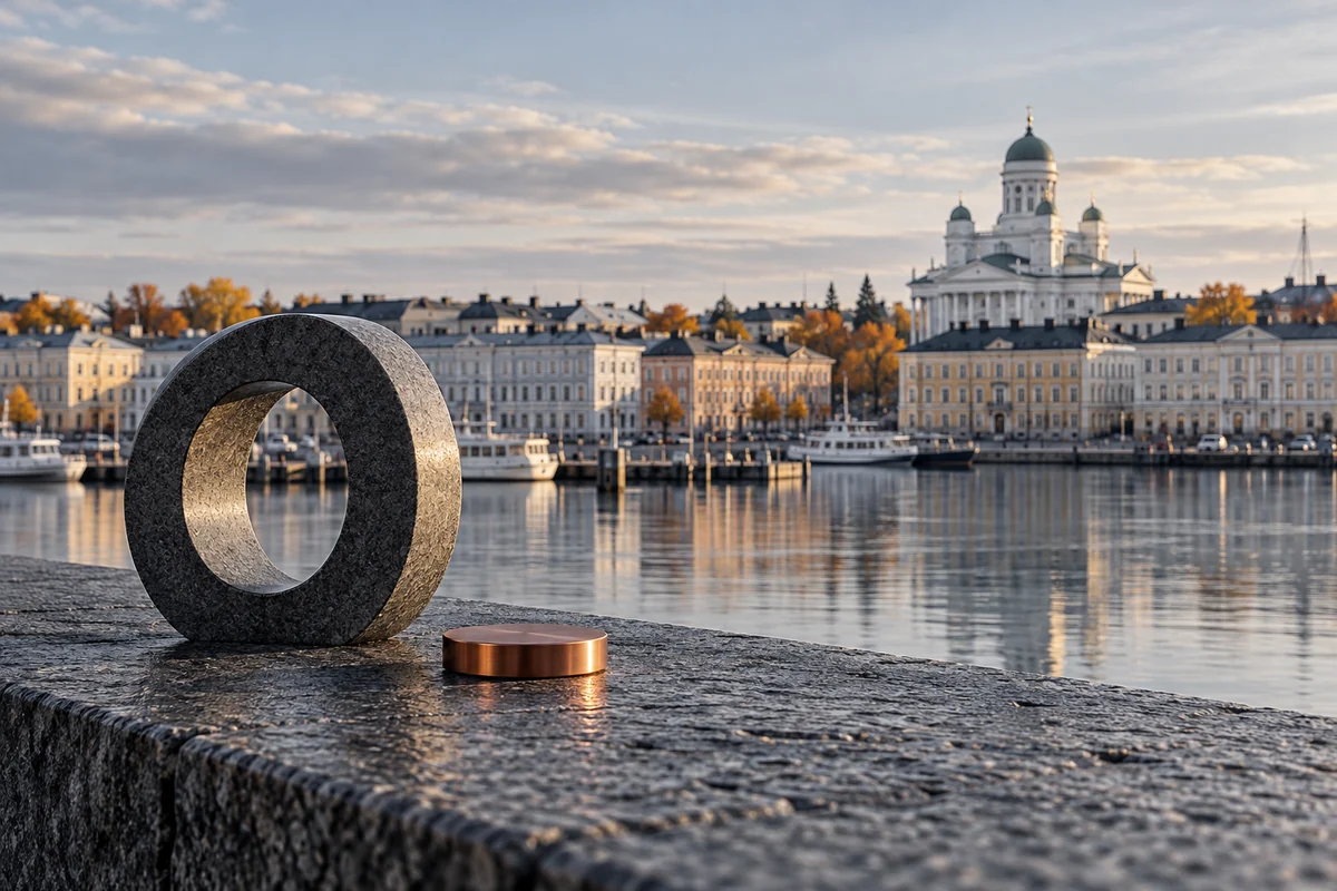 Redaktionel illustration af en stenring og en kobberskive ved Helsingfors havn.