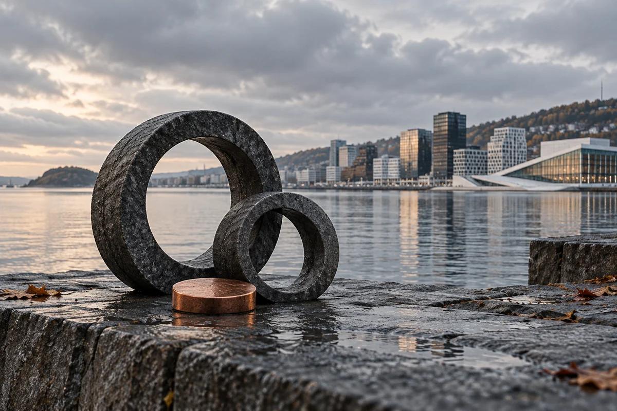 Editorial illustration of stone rings and a copper disc beside the Oslo waterfront.