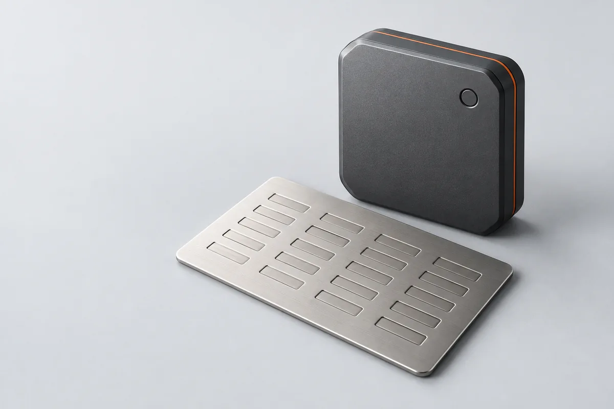 Conceptual unbranded hardware security module beside a blank titanium recovery backup card.