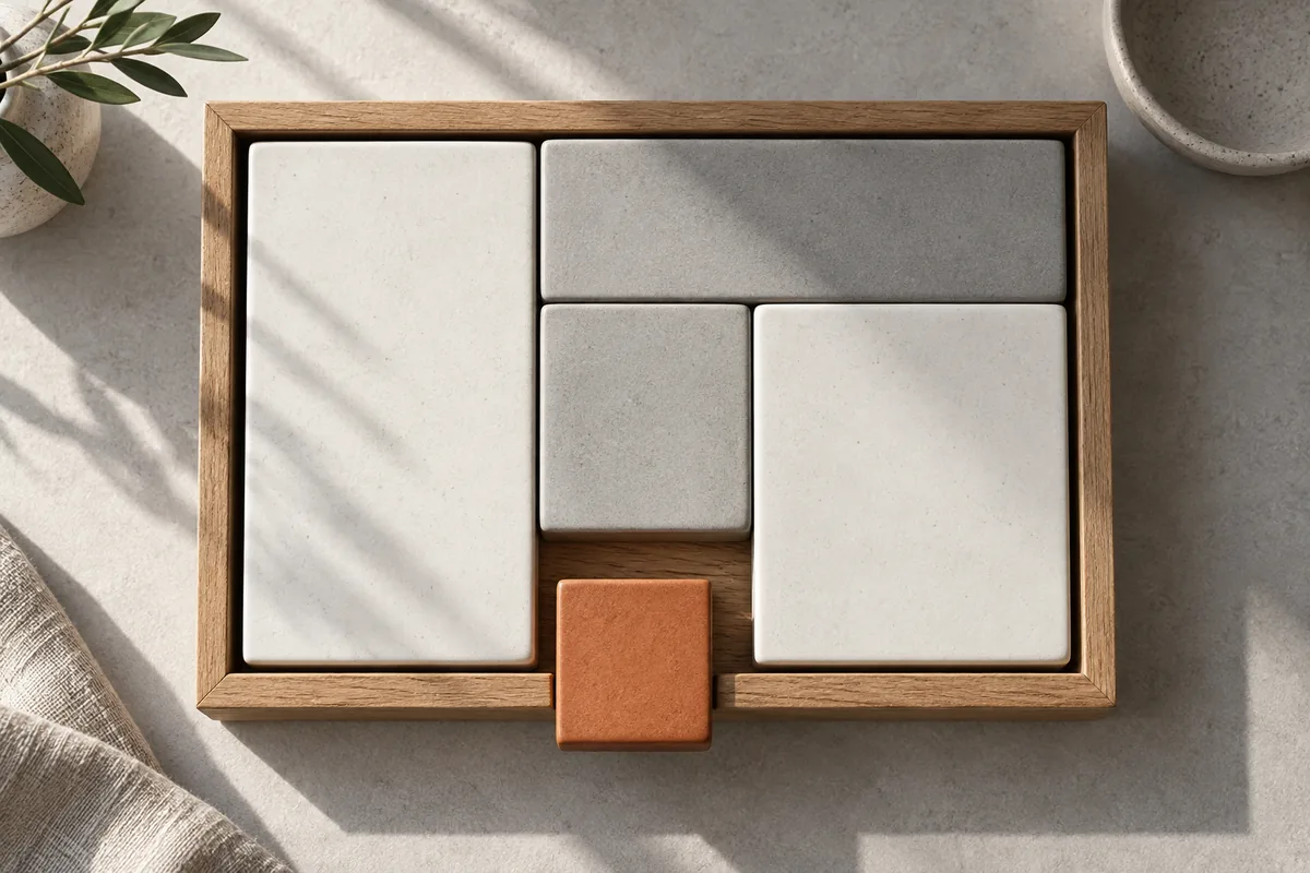 Unequal ceramic blocks in a wooden tray with one small orange block separated to illustrate position sizing.