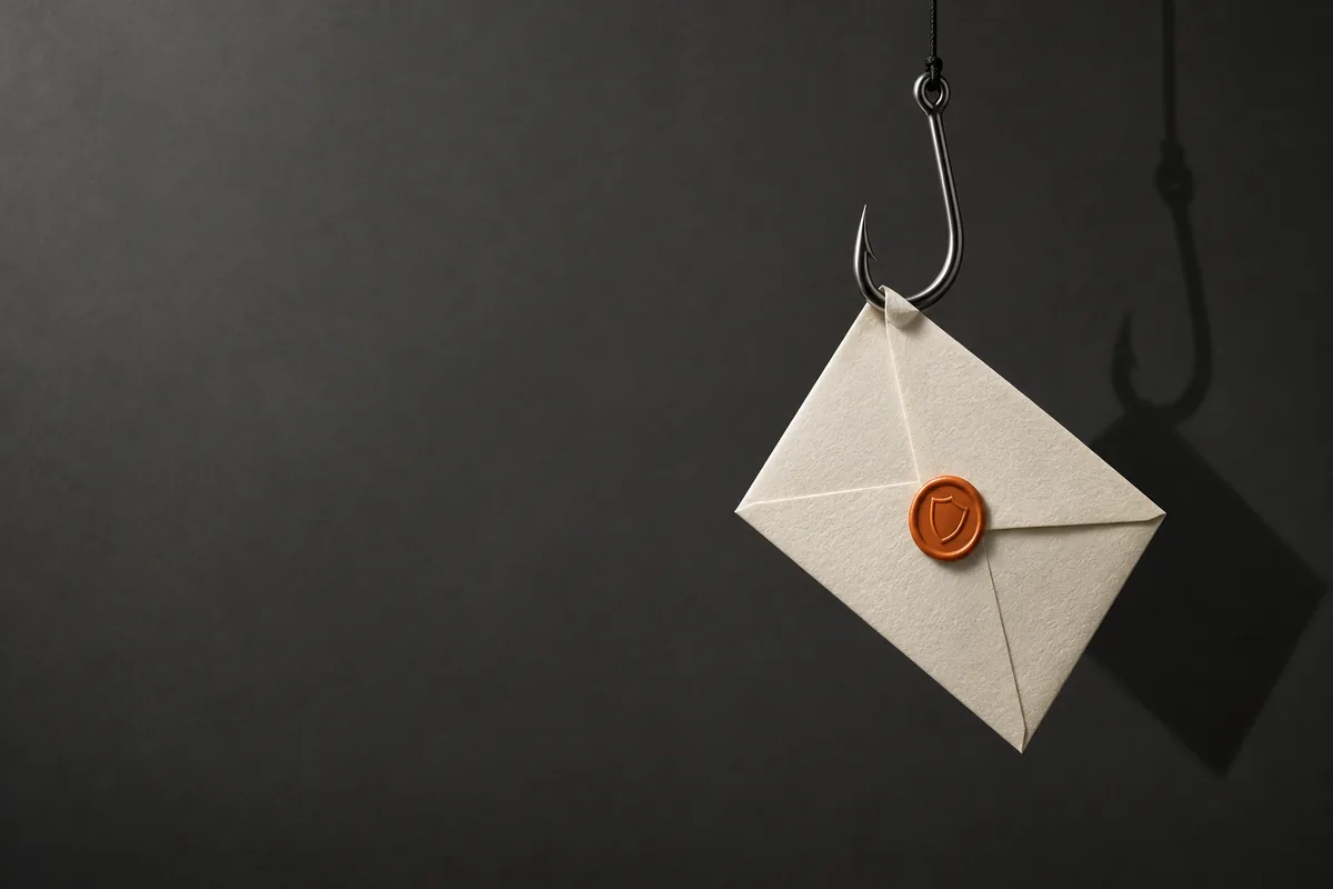 Fishing hook holding an envelope with an orange shield seal, illustrating phishing risks.