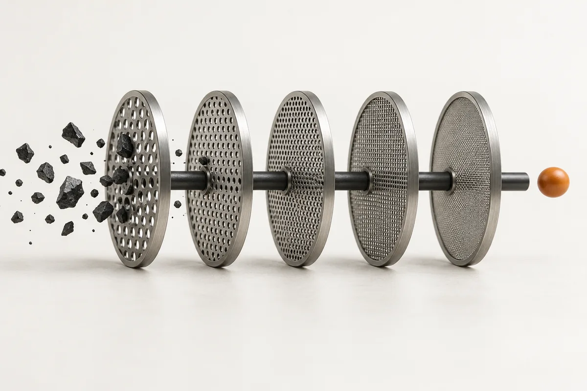 A row of metal mesh filters separates dark fragments from an orange bead, illustrating layered risk screening.