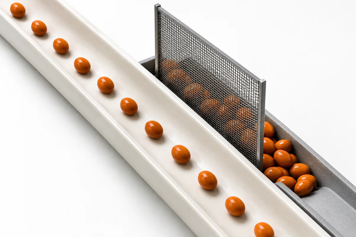 Orange beads move along an open white lane beside a metal mesh filter over a separate channel.