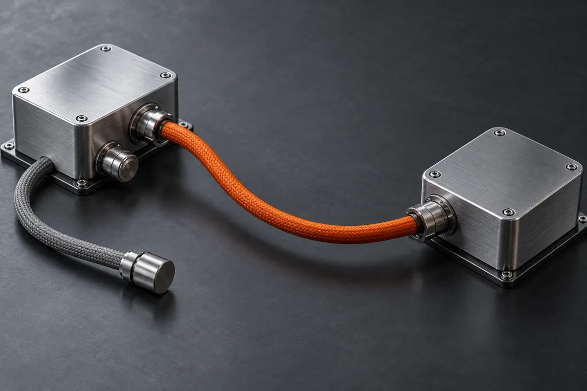 An orange cable joins two metal terminals beside a capped grey cable, illustrating new channel connections.
