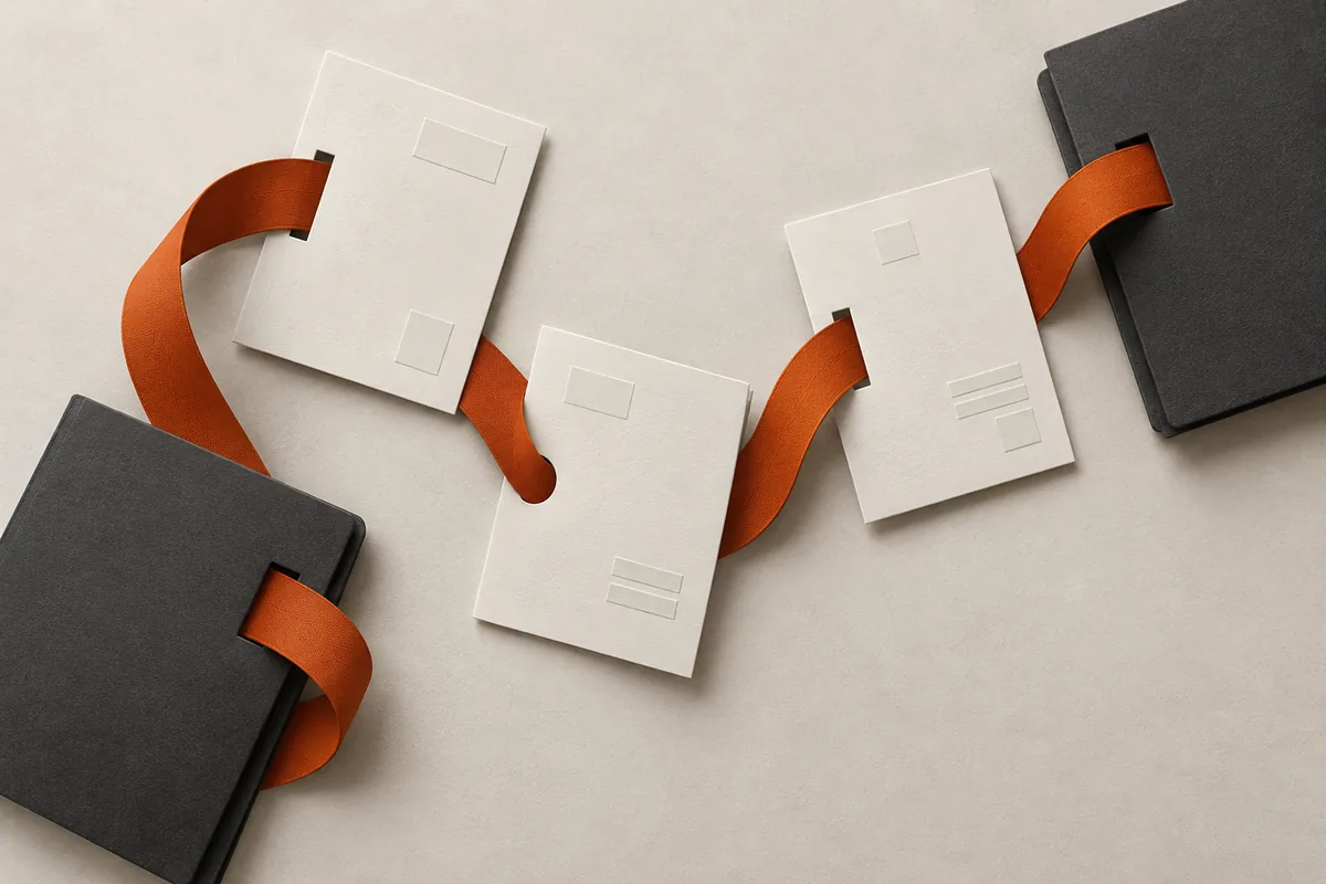 Conceptual overhead paper illustration of an orange payment ribbon threading through blank invoices and enterprise folders.
