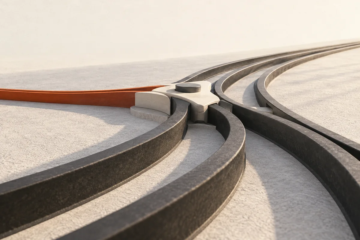 Conceptual low-angle illustration of orange and charcoal payment tracks merging through an abstract switching station.