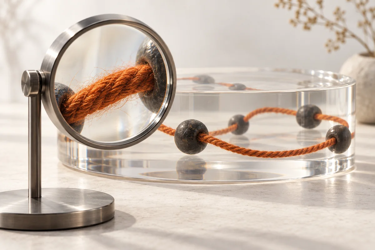 A magnifying lens examines orange thread linking dark beads inside clear resin, illustrating the tracing of suspicious transfers.