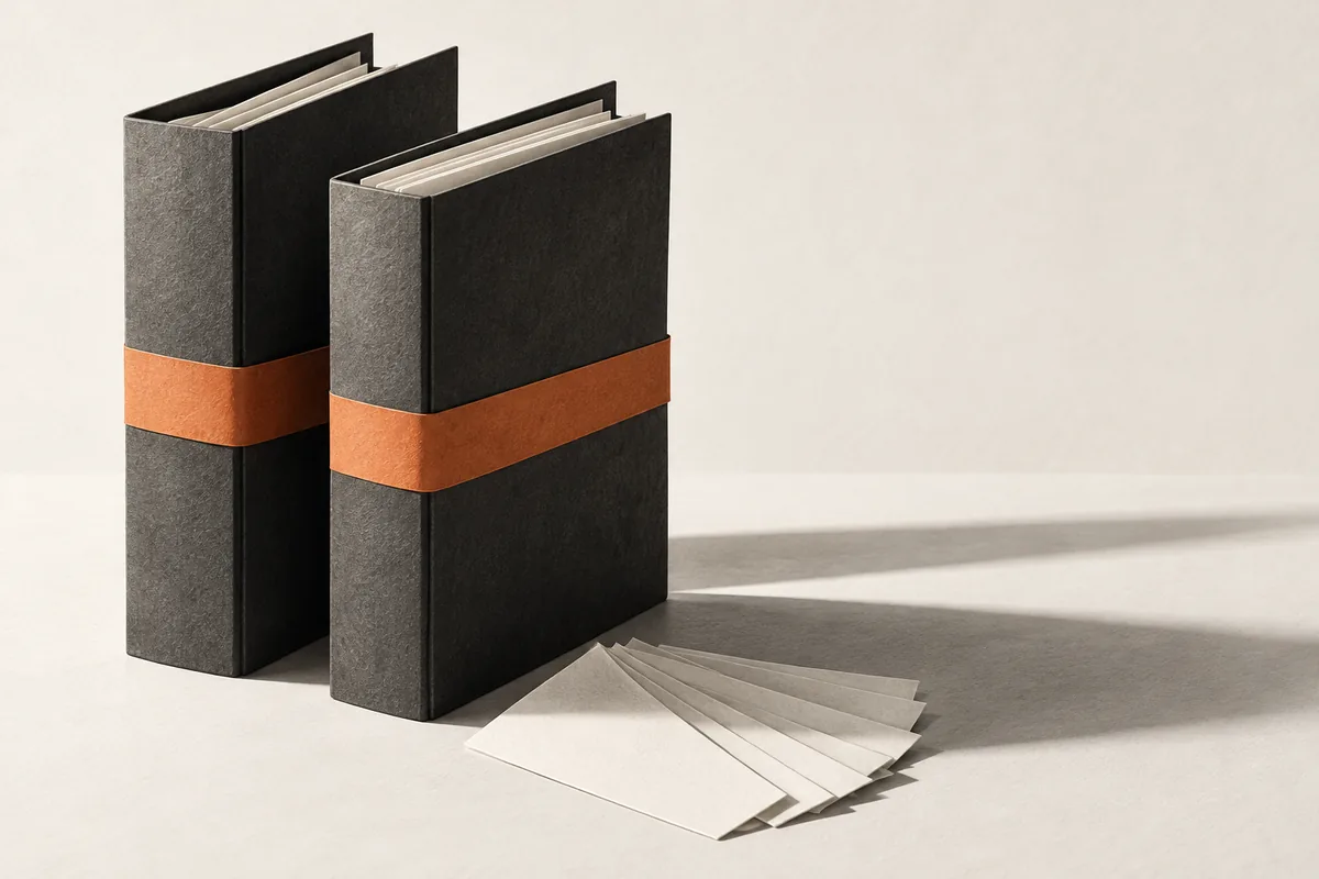 Conceptual paper illustration of two charcoal fund folders wrapped in orange bands beside a fan of blank slips.