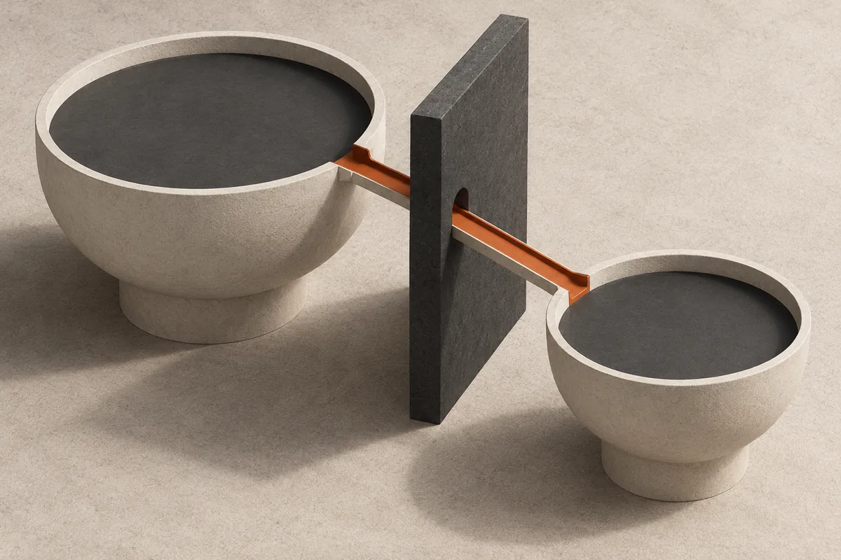 Conceptual illustration of two separate reserve vessels connected by a narrow orange channel across a charcoal boundary.