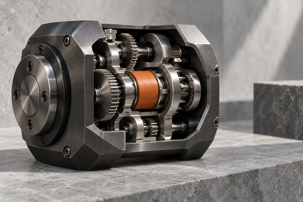 A charcoal protective housing surrounds a compact metal engine with an orange central component.