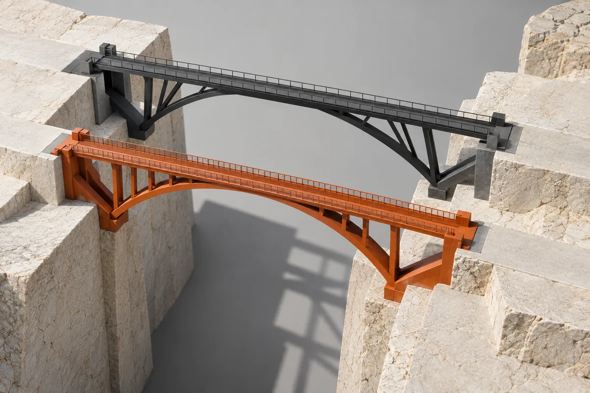 Two parallel miniature bridges cross a gap between stone platforms, representing coordinated network layers.