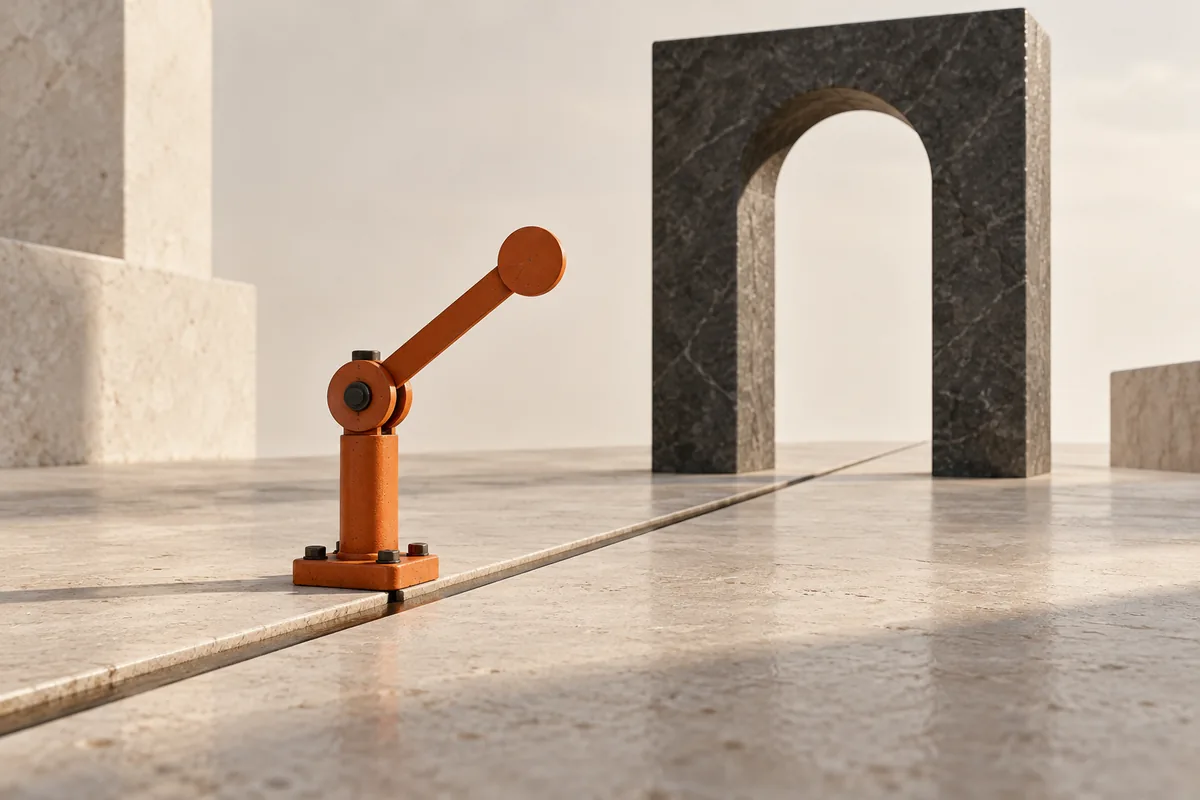 A small orange semaphore sits beside a taller stone checkpoint, representing different confirmation states.