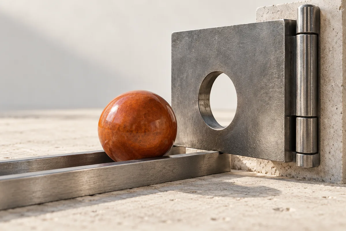 An orange sphere stopped by a precision metal gate, illustrating a transaction outcome check.
