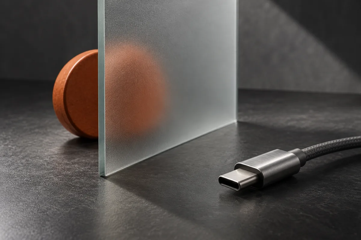 A frosted glass screen separates a blank payment token from a metal connector.