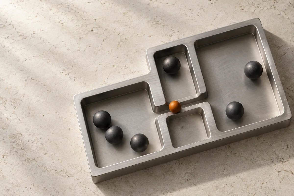 Conceptual illustration of dark spheres sharing connected compartments in a silver tray, with one orange sphere at the junction.
