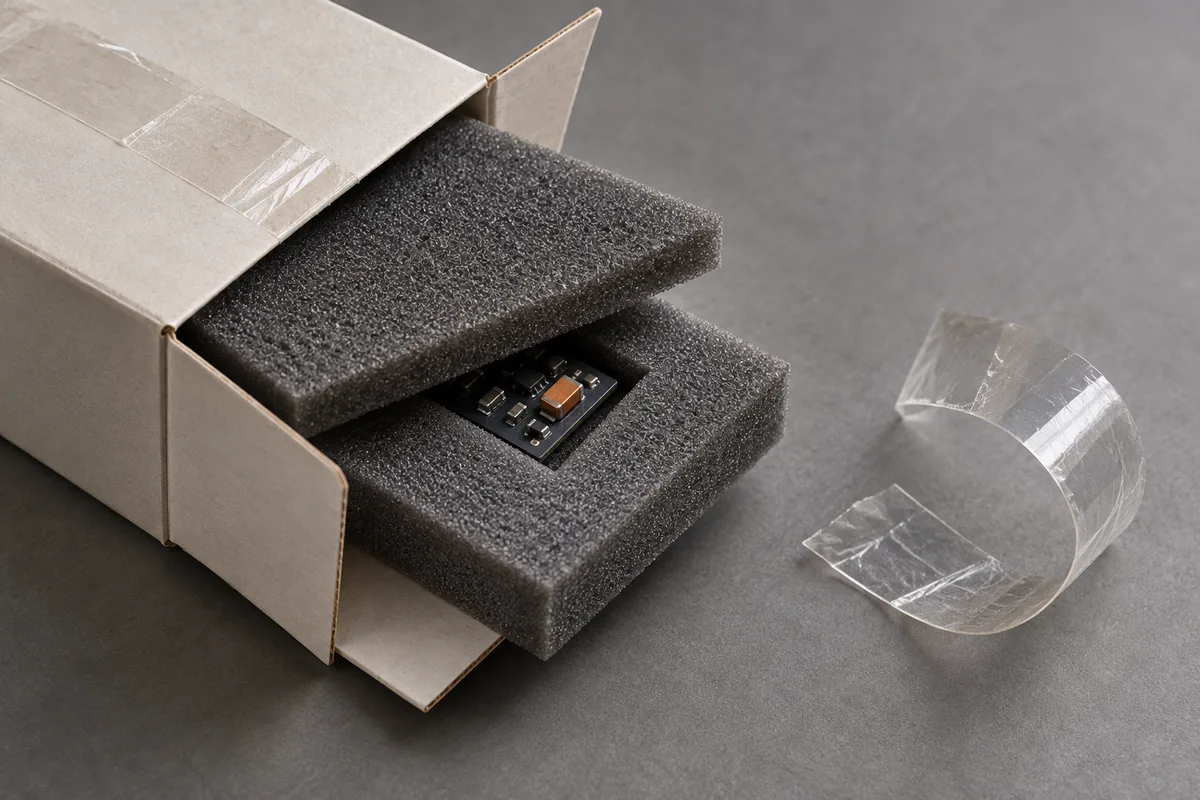 Conceptual illustration of a small circuit hidden between foam layers in an open unbranded shipping box.
