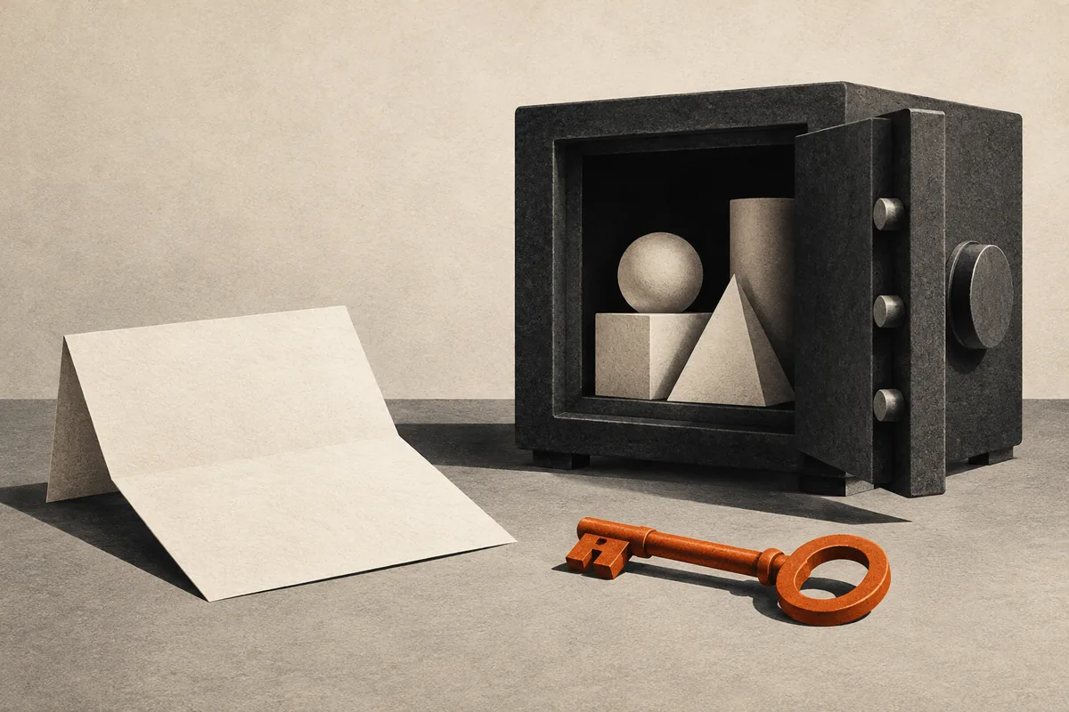 Conceptual editorial illustration of an open vault beside a blank policy document and a single orange key.