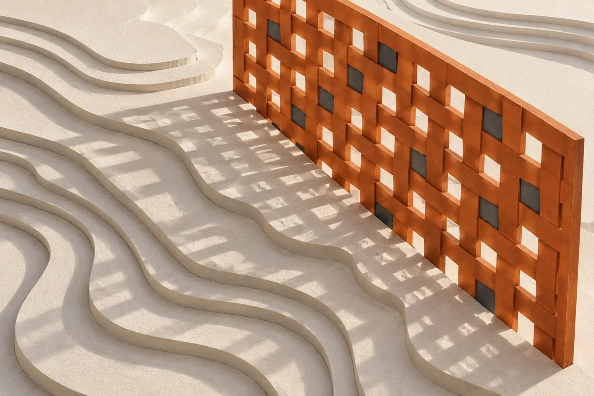 Conceptual illustration of an orange woven lattice with charcoal tiles above stepped off-white paper terrain.